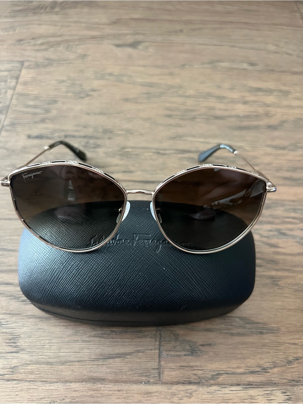 Salvatore Ferragamo Silver Frame Sunglasses with Brown Lenses